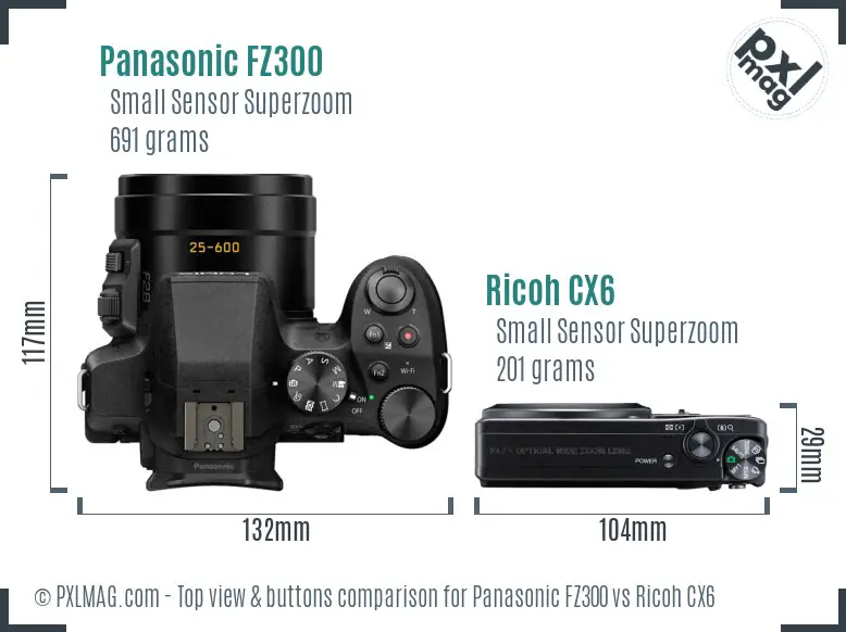 Panasonic FZ300 vs Ricoh CX6 top view buttons comparison Panasonic FZ300 vs Ricoh CX6 top view buttons comparison
