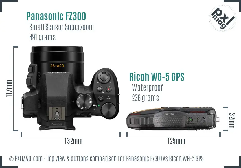 Panasonic FZ300 vs Ricoh WG-5 GPS top view buttons comparison Panasonic FZ300 vs Ricoh WG-5 GPS top view buttons comparison