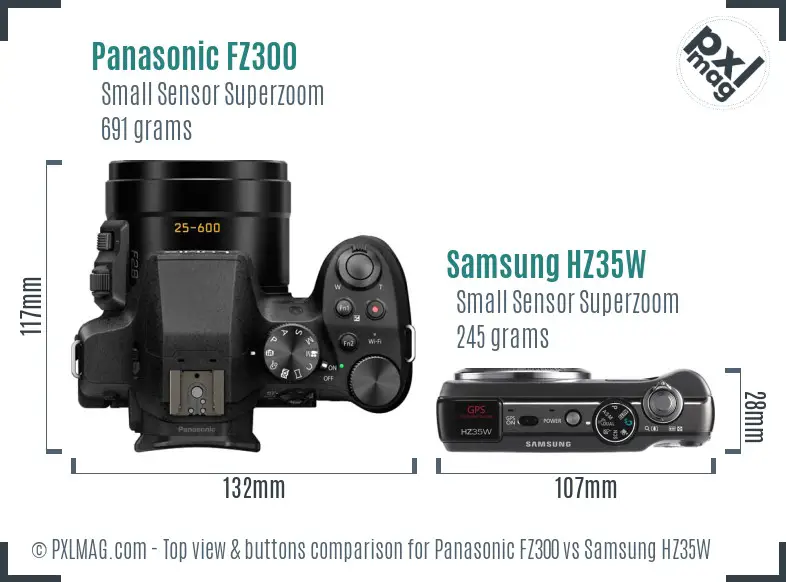Panasonic FZ300 vs Samsung HZ35W top view buttons comparison Panasonic FZ300 vs Samsung HZ35W top view buttons comparison