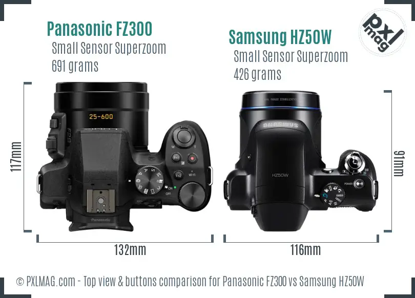 Panasonic FZ300 vs Samsung HZ50W top view buttons comparison