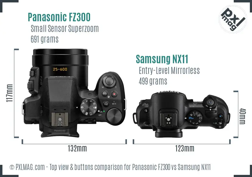 Panasonic FZ300 vs Samsung NX11 top view buttons comparison
