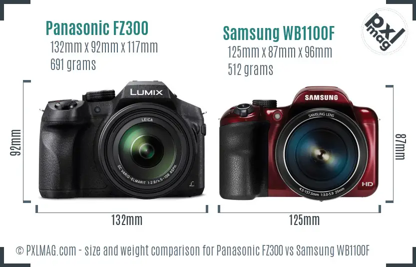Panasonic FZ300 vs Samsung WB1100F size comparison
