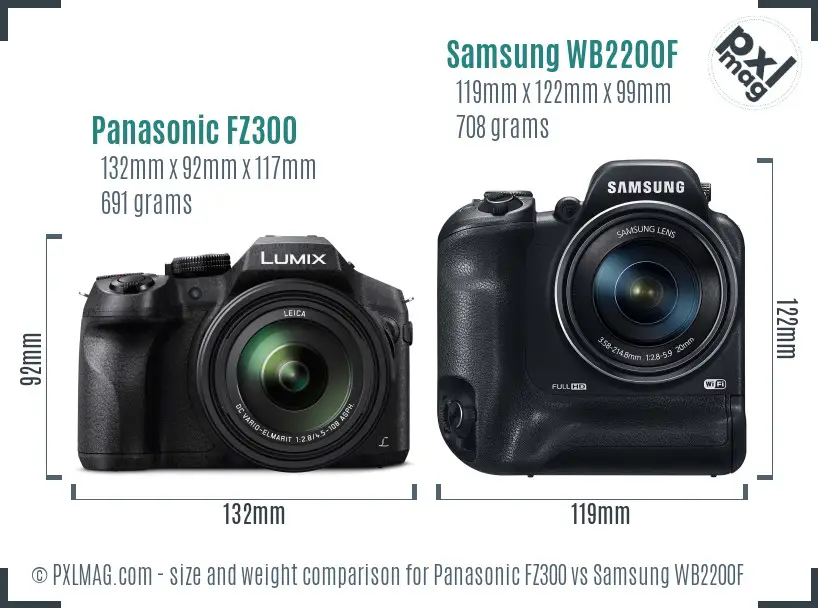 Panasonic FZ300 vs Samsung WB2200F size comparison