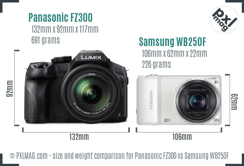Panasonic FZ300 vs Samsung WB250F size comparison