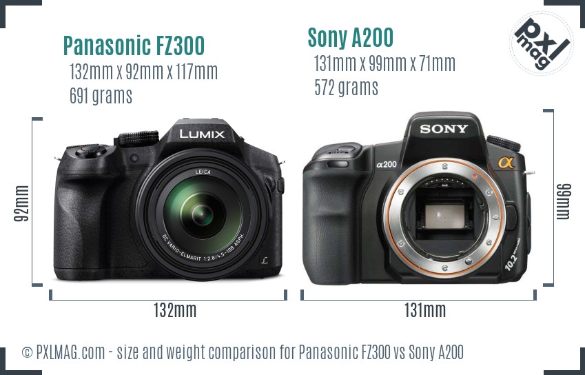 Panasonic FZ300 vs Sony A200 size comparison Panasonic FZ300 vs Sony A200 size comparison
