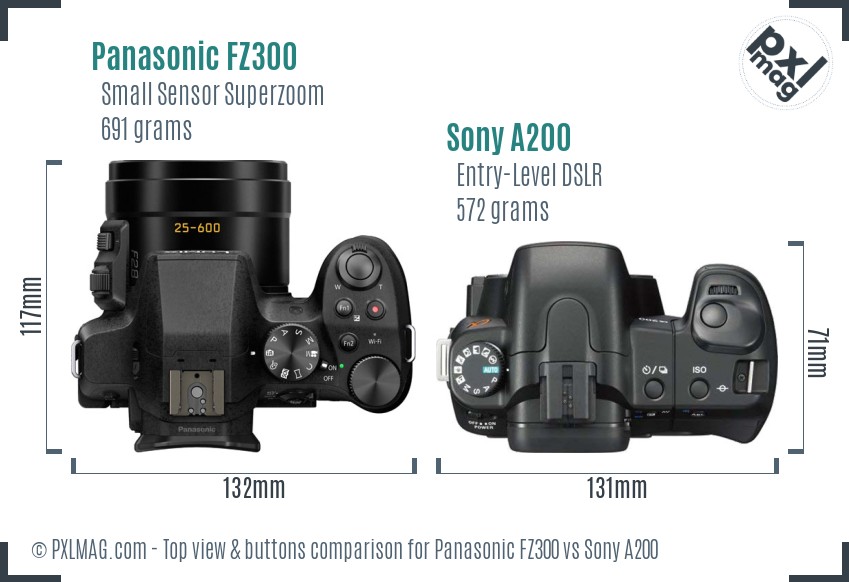 Panasonic FZ300 vs Sony A200 top view buttons comparison