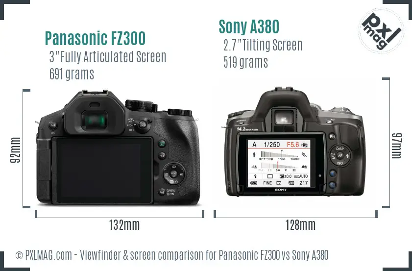 Panasonic FZ300 vs Sony A380 Screen and Viewfinder comparison
