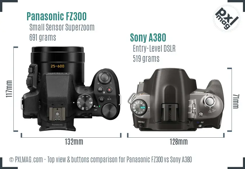 Panasonic FZ300 vs Sony A380 top view buttons comparison