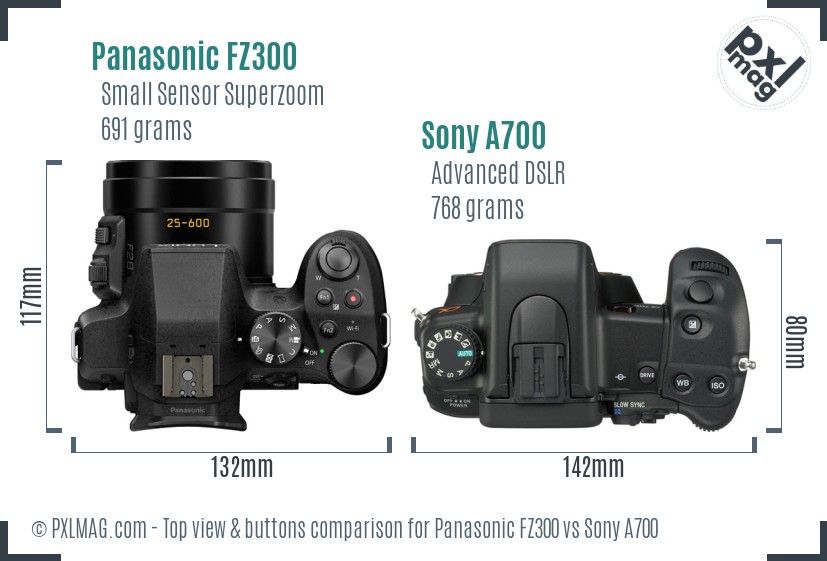 Panasonic FZ300 vs Sony A700 top view buttons comparison