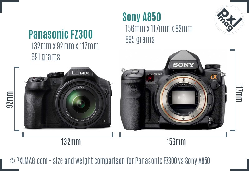 Panasonic FZ300 vs Sony A850 size comparison