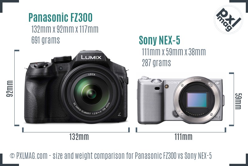 Panasonic FZ300 vs Sony NEX-5 size comparison