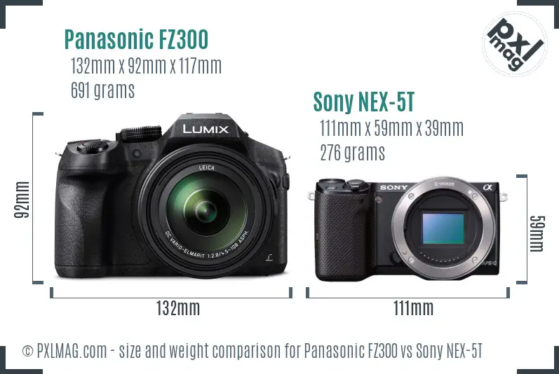 Panasonic FZ300 vs Sony NEX-5T size comparison