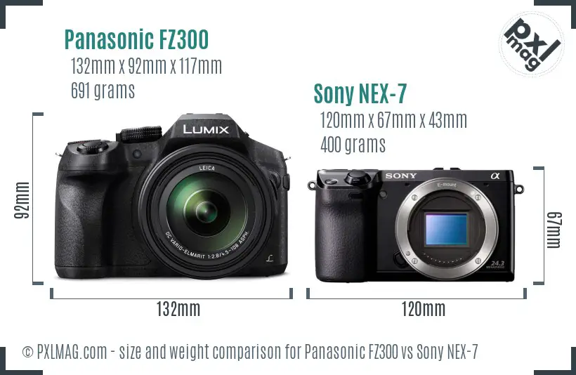 Panasonic FZ300 vs Sony NEX-7 size comparison