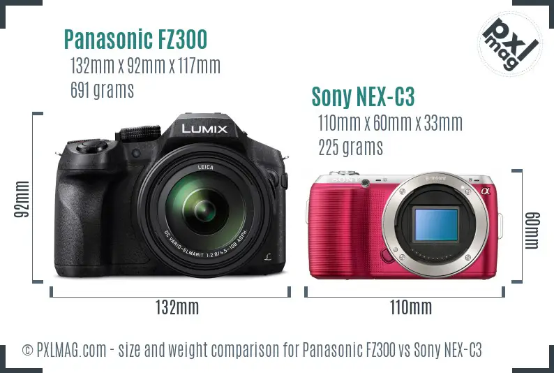 Panasonic FZ300 vs Sony NEX-C3 size comparison
