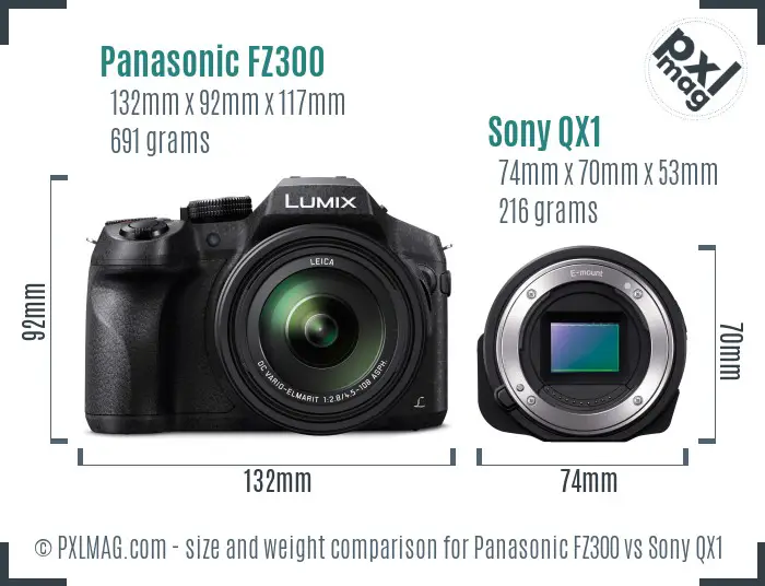 Panasonic FZ300 vs Sony QX1 size comparison