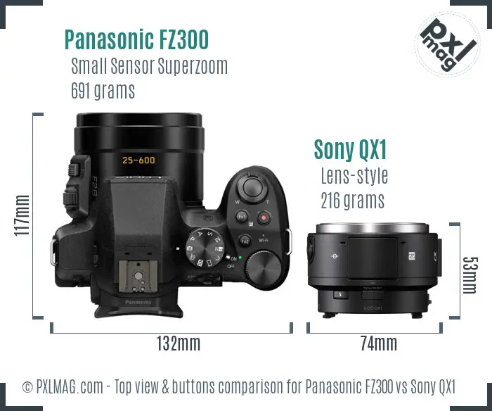 Panasonic FZ300 vs Sony QX1 top view buttons comparison
