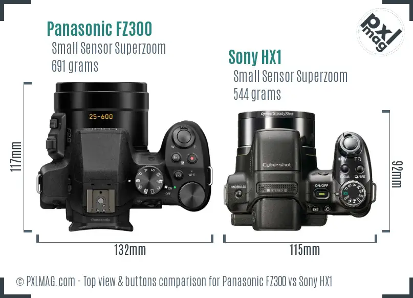 Panasonic FZ300 vs Sony HX1 top view buttons comparison
