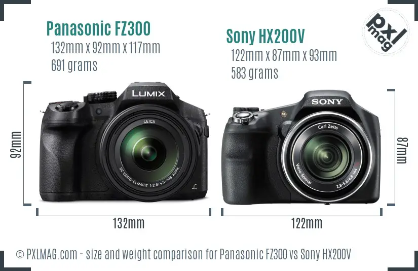 Panasonic FZ300 vs Sony HX200V size comparison