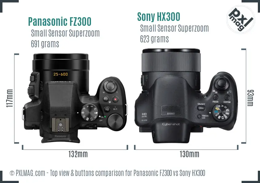 Panasonic FZ300 vs Sony HX300 top view buttons comparison
