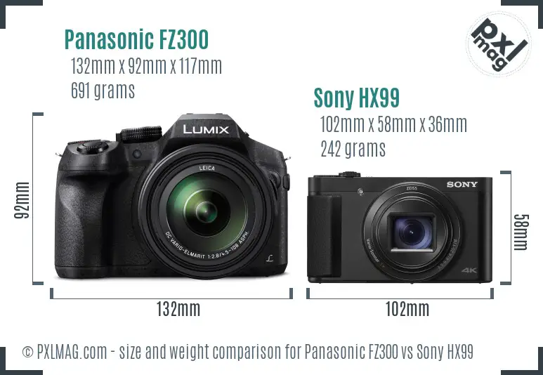 Panasonic FZ300 vs Sony HX99 size comparison