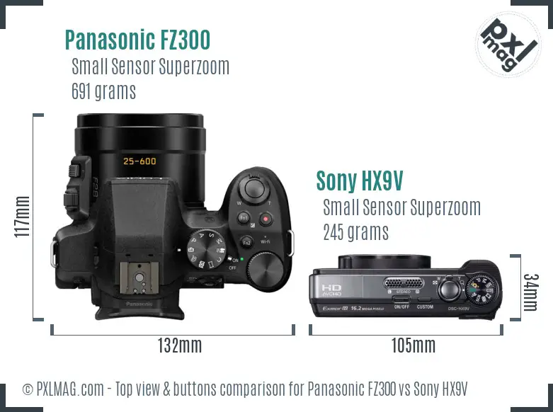 Panasonic FZ300 vs Sony HX9V top view buttons comparison