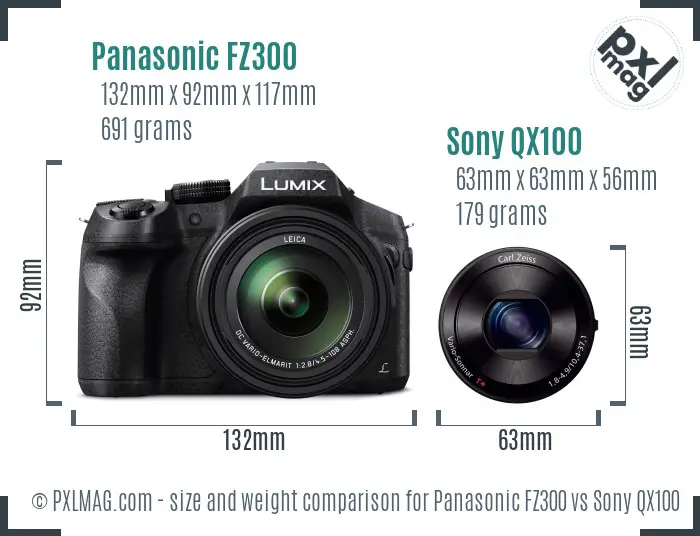 Panasonic FZ300 vs Sony QX100 size comparison