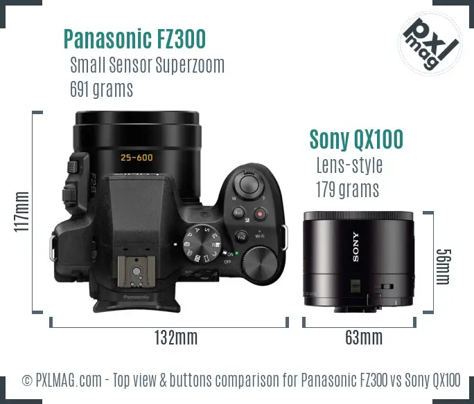 Panasonic FZ300 vs Sony QX100 top view buttons comparison