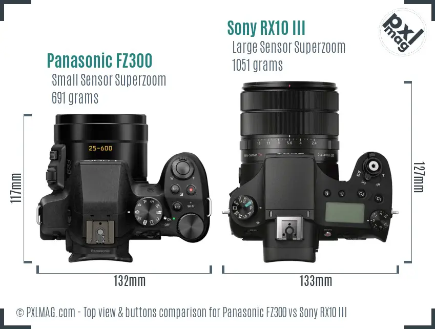 Panasonic FZ300 vs Sony RX10 III top view buttons comparison