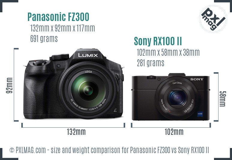 Panasonic FZ300 vs Sony RX100 II size comparison Panasonic FZ300 vs Sony RX100 II size comparison