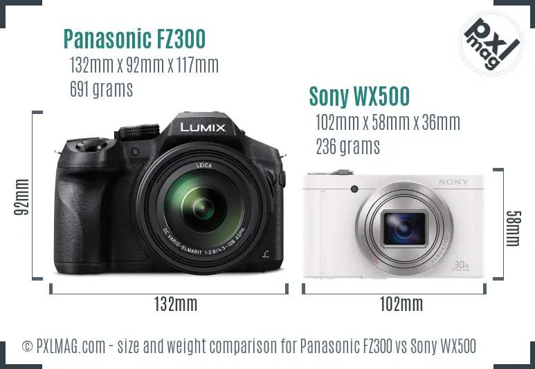 Panasonic FZ300 vs Sony WX500 size comparison