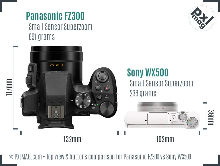 Panasonic FZ300 vs Sony WX500 top view buttons comparison