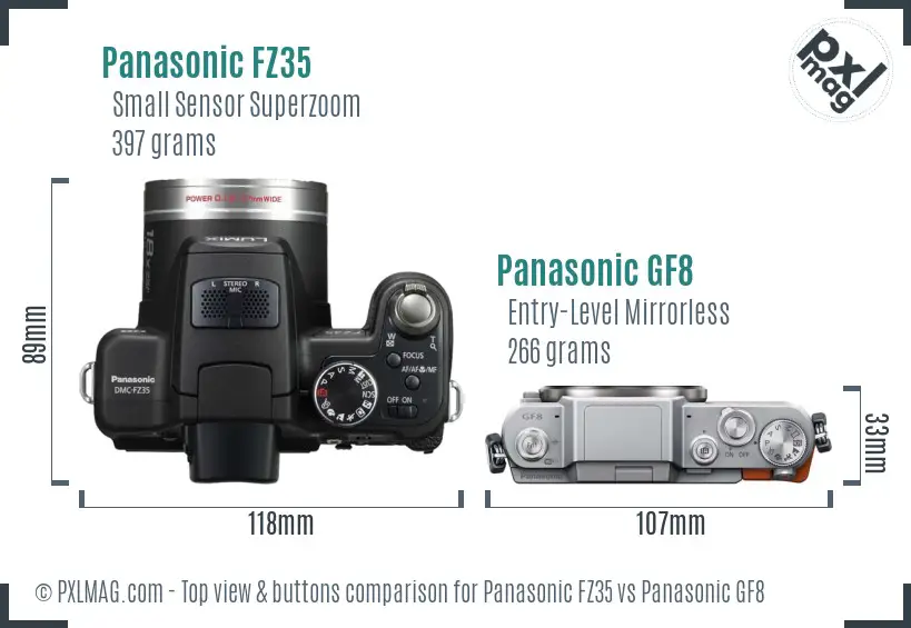 Panasonic FZ35 vs Panasonic GF8 top view buttons comparison