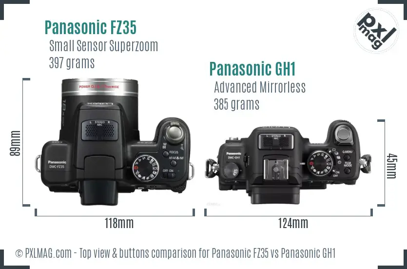 Panasonic FZ35 vs Panasonic GH1 top view buttons comparison