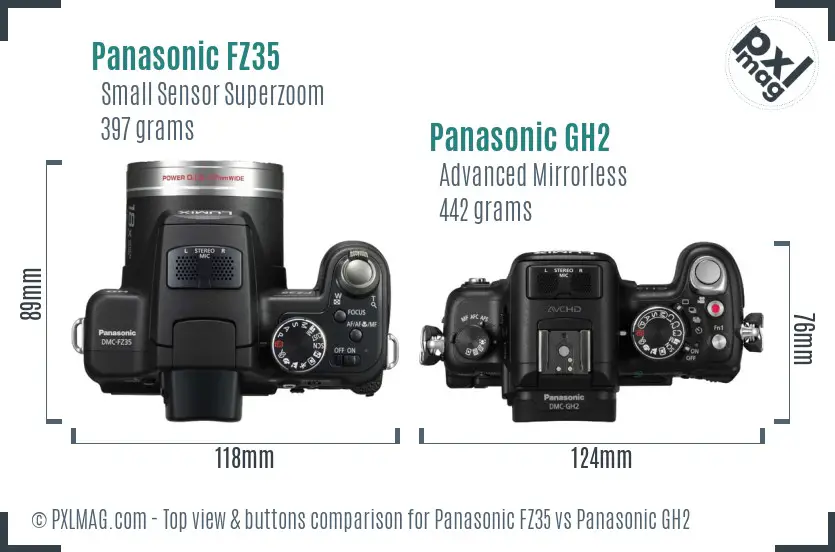 Panasonic FZ35 vs Panasonic GH2 top view buttons comparison