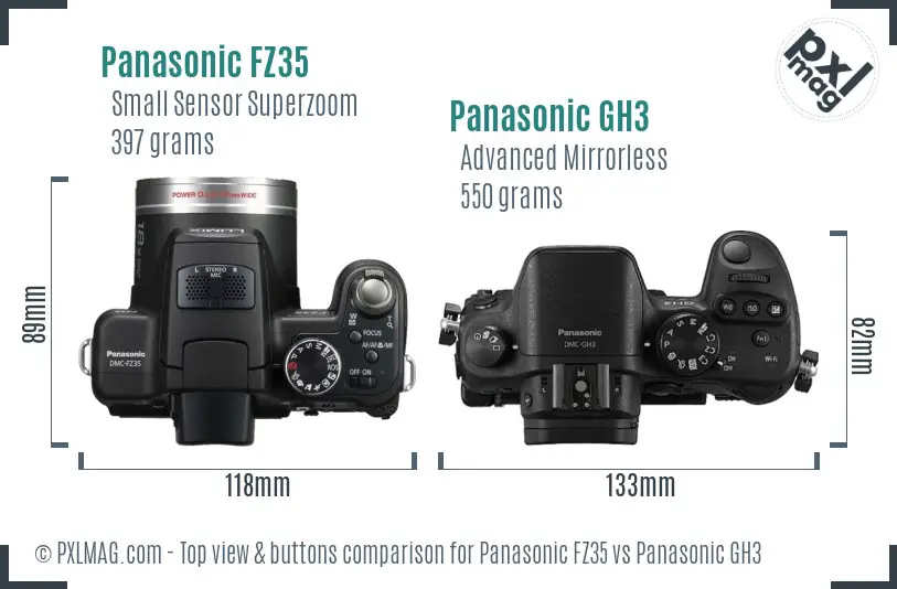 Panasonic FZ35 vs Panasonic GH3 top view buttons comparison