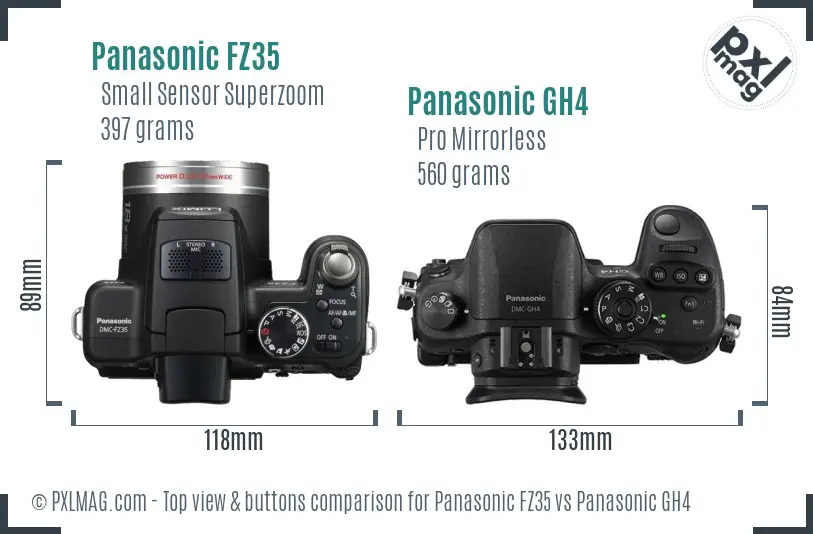 Panasonic FZ35 vs Panasonic GH4 top view buttons comparison