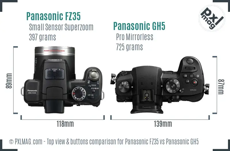 Panasonic FZ35 vs Panasonic GH5 top view buttons comparison