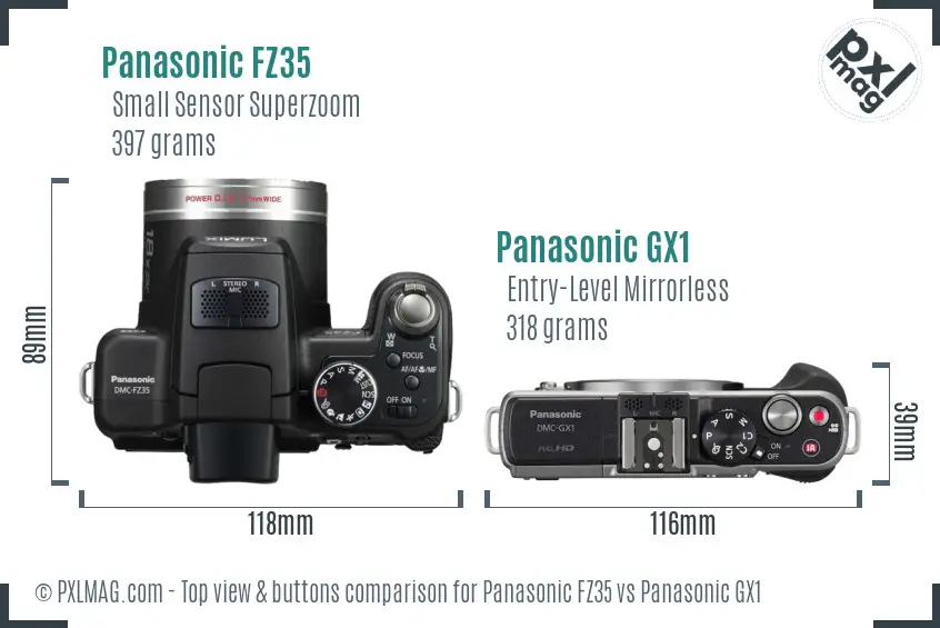 Panasonic FZ35 vs Panasonic GX1 top view buttons comparison