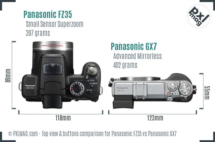 Panasonic FZ35 vs Panasonic GX7 top view buttons comparison