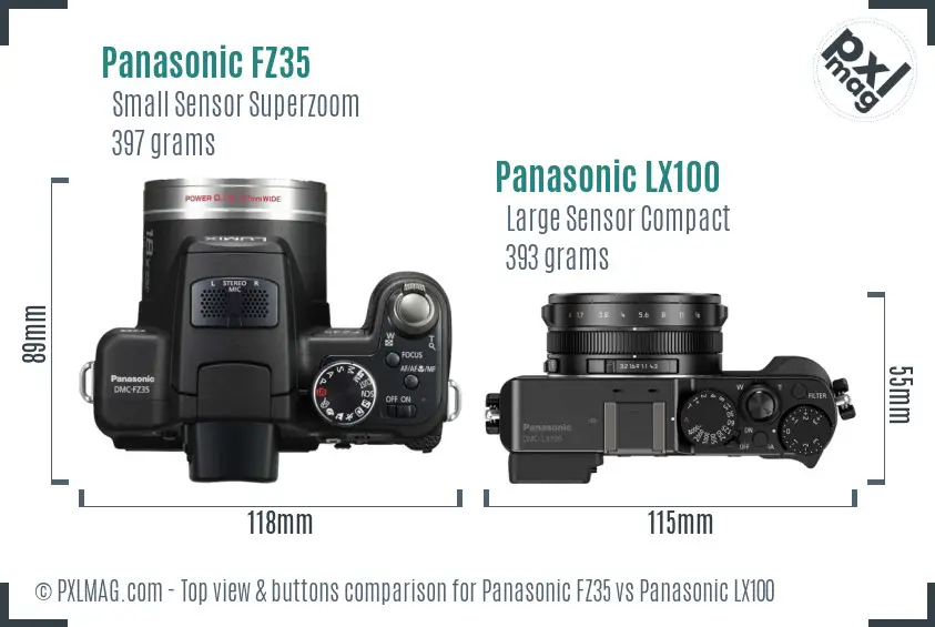 Panasonic FZ35 vs Panasonic LX100 top view buttons comparison
