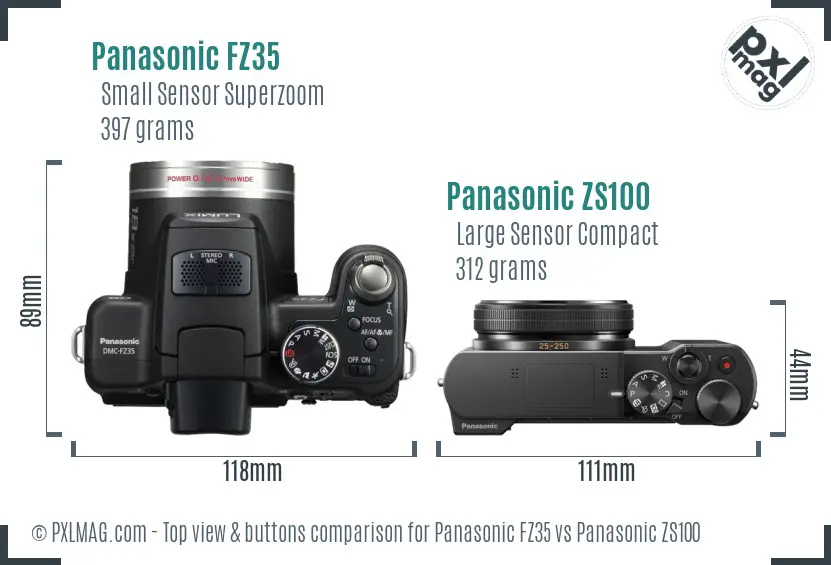 Panasonic FZ35 vs Panasonic ZS100 top view buttons comparison