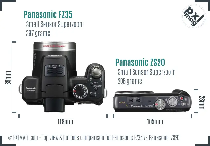 Panasonic FZ35 vs Panasonic ZS20 top view buttons comparison