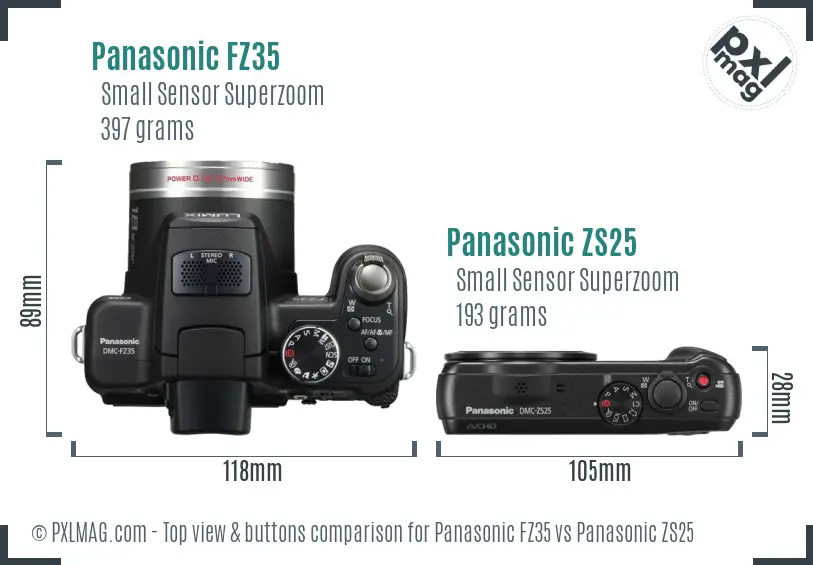 Panasonic FZ35 vs Panasonic ZS25 top view buttons comparison