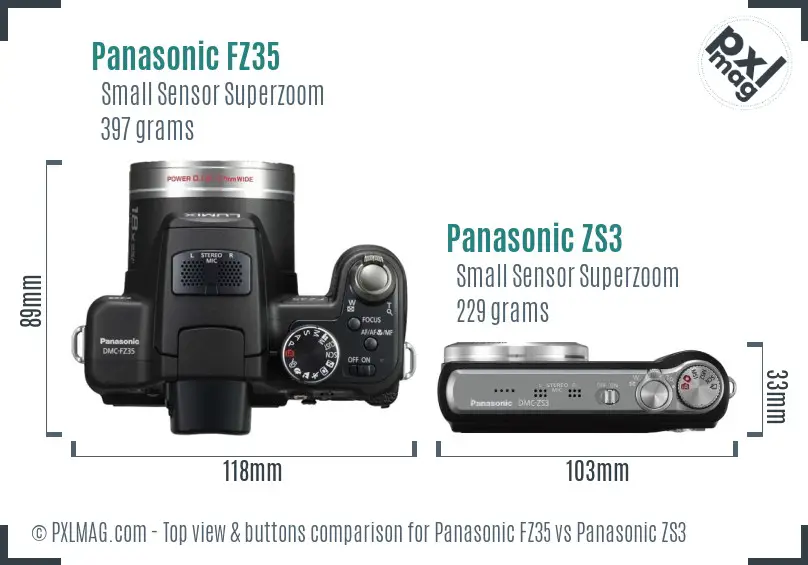 Panasonic FZ35 vs Panasonic ZS3 top view buttons comparison