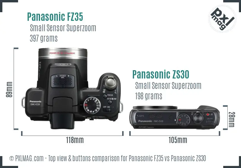 Panasonic FZ35 vs Panasonic ZS30 top view buttons comparison