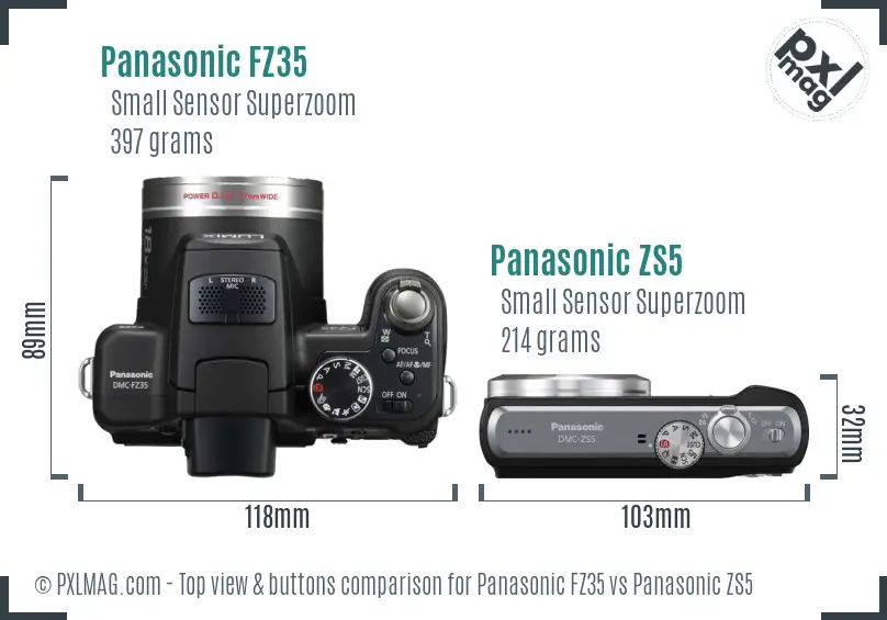 Panasonic FZ35 vs Panasonic ZS5 top view buttons comparison