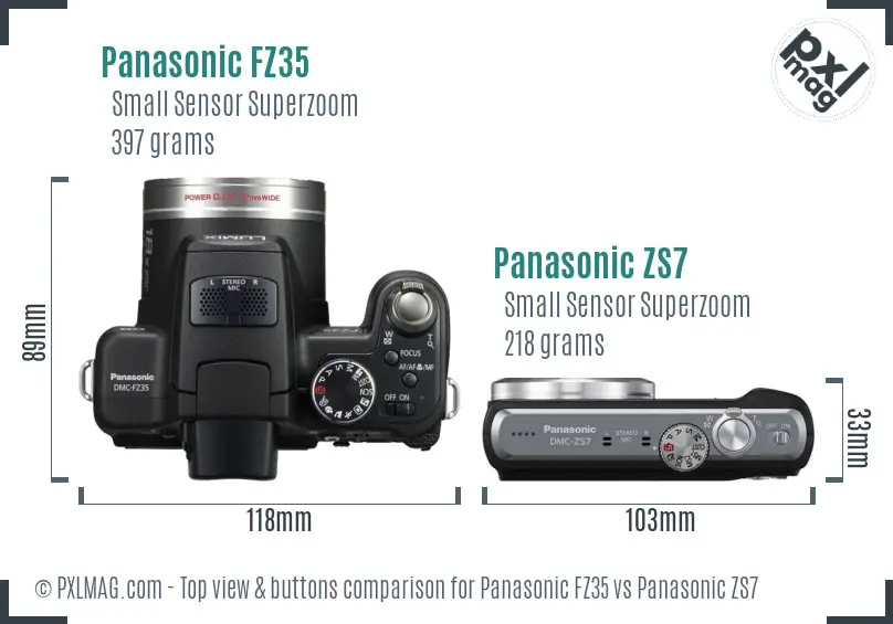 Panasonic FZ35 vs Panasonic ZS7 top view buttons comparison