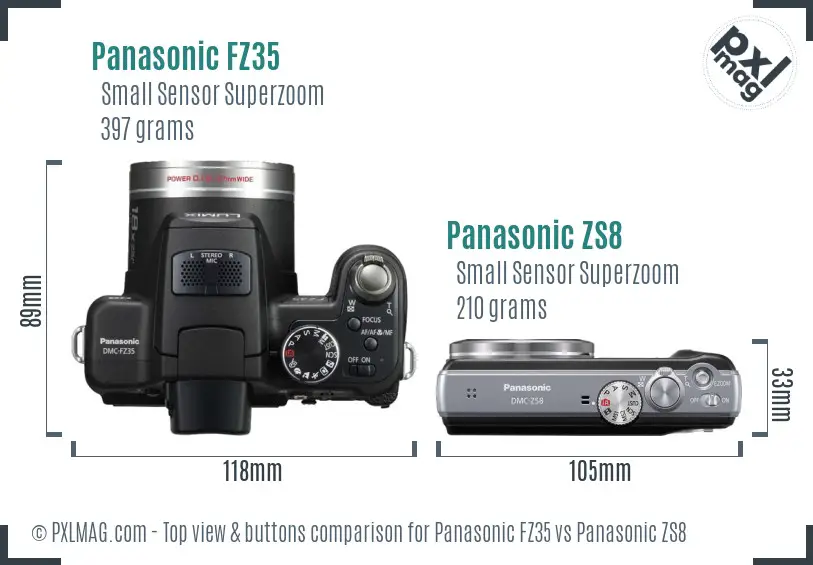 Panasonic FZ35 vs Panasonic ZS8 top view buttons comparison