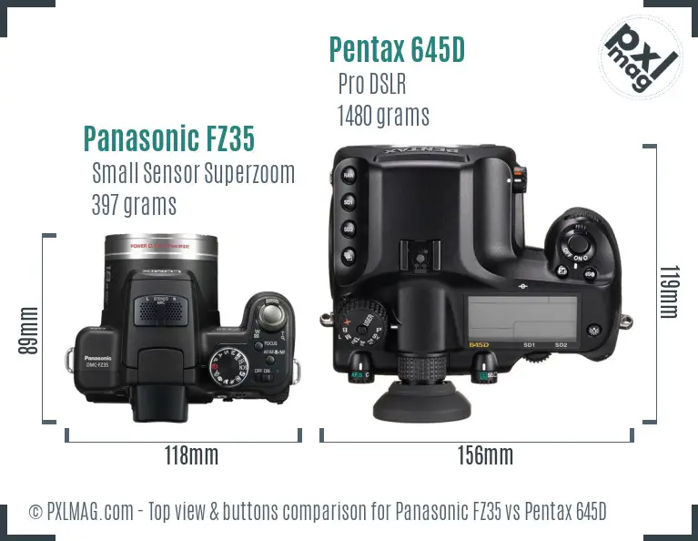 Panasonic FZ35 vs Pentax 645D top view buttons comparison