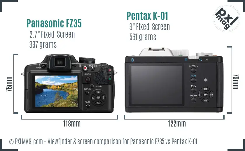 Panasonic FZ35 vs Pentax K-01 Screen and Viewfinder comparison